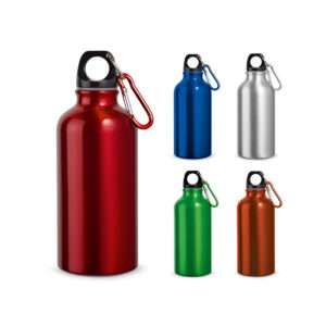 Garrafa esportiva em alumínio e acabamento metálico com mosquetão 400 mL.