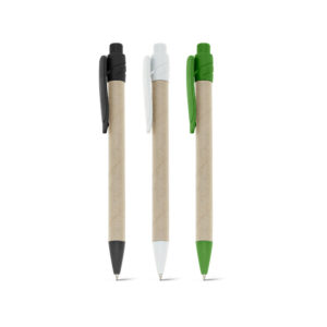 Caneta ecológica em papel kraft com clipe de plástico.