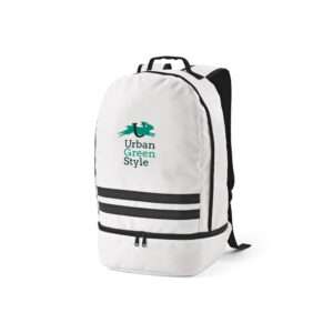 Mochila em 290T poliéster reciclado em sarja com forro em 210D poliéster reciclado.