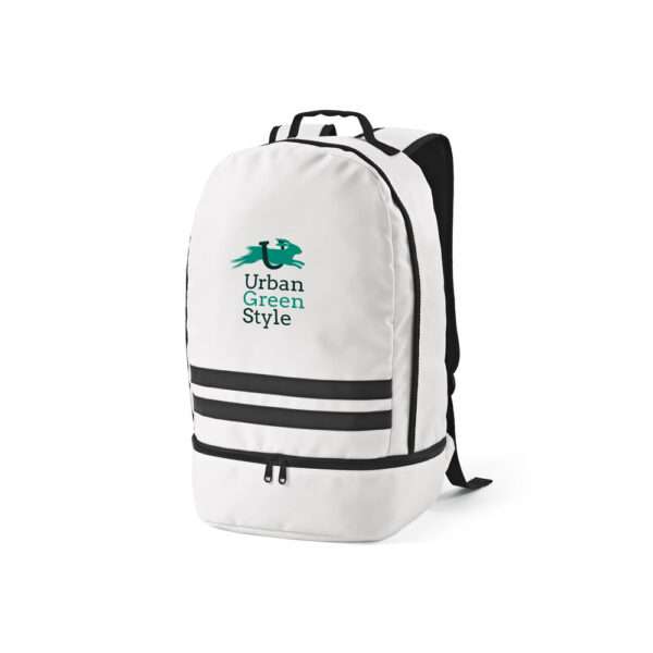 Mochila em 290T poliéster reciclado em sarja com forro em 210D poliéster reciclado.