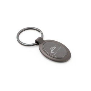 Chaveiro Gravacao A Laser Metal Modelo Oval Cinza Com Detalhe Preto