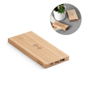 FITCH ECO. Bateria portátil com carregador por indução (wireless) super-rápido em bambu 5'000 mAh