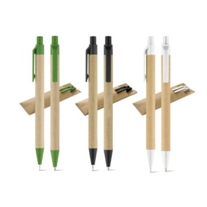 LEAF. Conjunto de esferográfica com escrita em azul e lapiseira em papel kraft