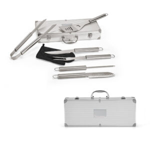 MACE. Kit churrasco em estojo de alumínio com luva de cozinha em poliéster e 6 utensílios em aço inox