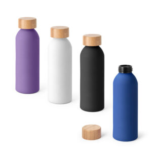 QUETA SOFT. Squeeze em alumínio com acabamento emborrachado e tampa em bambu 550 mL