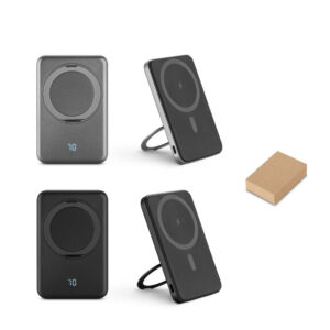 WARSHEL 5. Bateria portátil magnética em ABS 100% reciclado com suporte, carregador por indução (wireless) super-rápido 15W e capacidade de 5'000 mAh