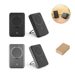 WARSHEL 10. Bateria portátil magnética em ABS 100% reciclado com suporte, carregador por indução (wireless) super-rápido 15W e capacidade de 10'000 mAh