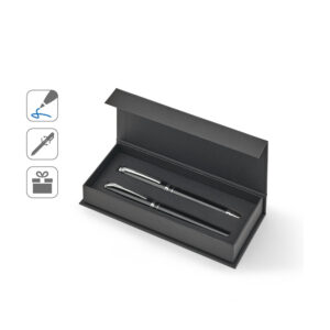 SARAMAGO. Set premium de 1 caneta esferográfica e 1 caneta roller em cobre e aço inox, com escrita em azul